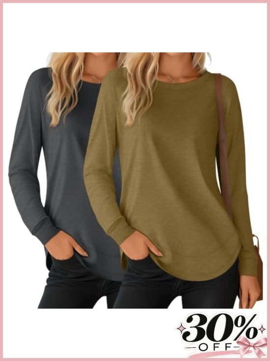 Sweaters - 2 Pack Women's Crew Neck Long Sleeve Sweatshirts Cotton Spandex Pullover